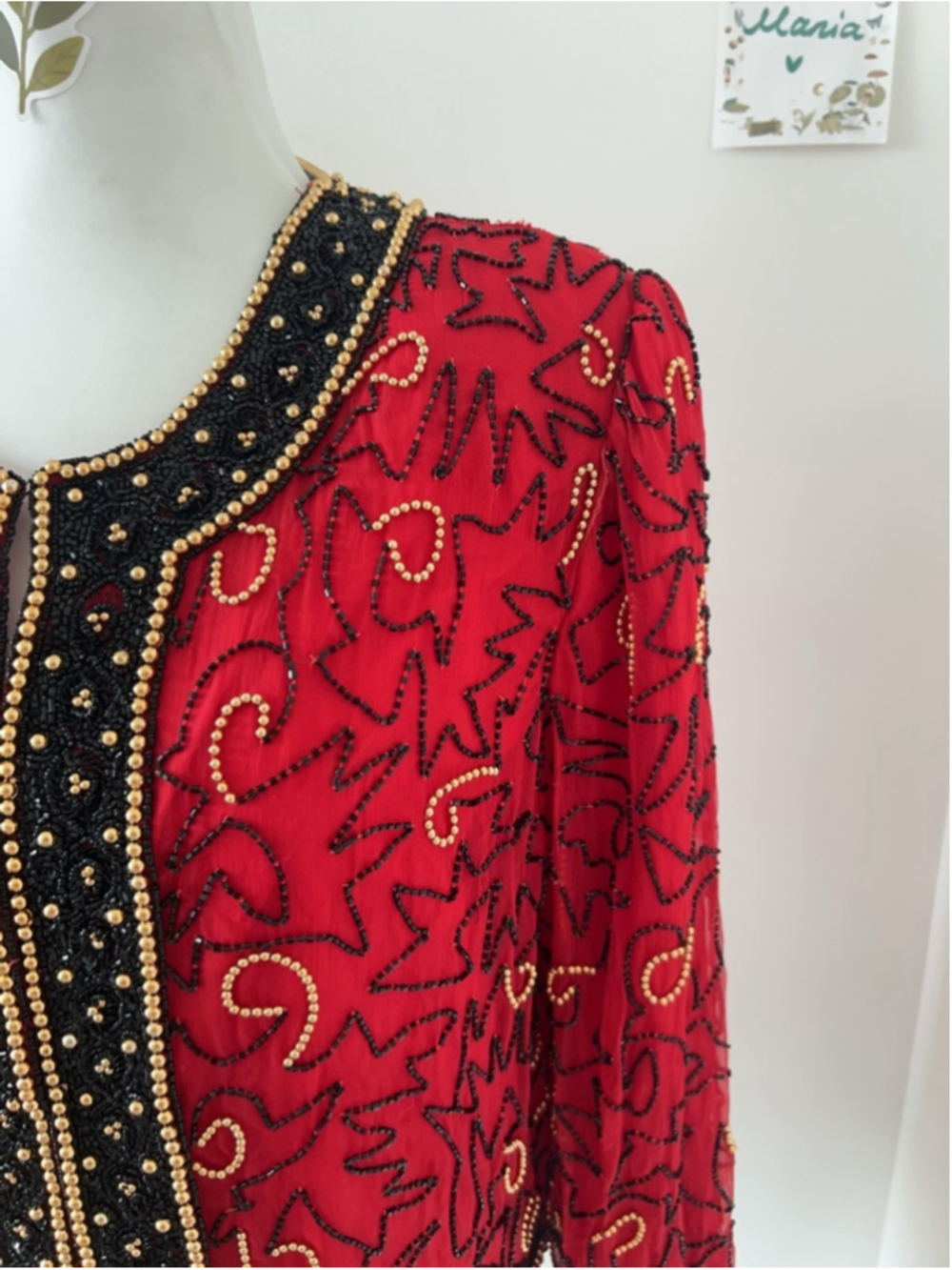 Vintage Lawrence Kazar Red Beaded Jacket Gold Embellished Evening Bolero XL - Picture 3 of 14